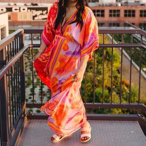 Farm Rio Dual Scarves Print Midi Dress In Mix Print